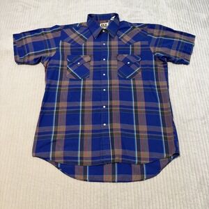 Ely Plains Western Shirt Mens Large Blue Striped Pearl Snap Short Sleeve
